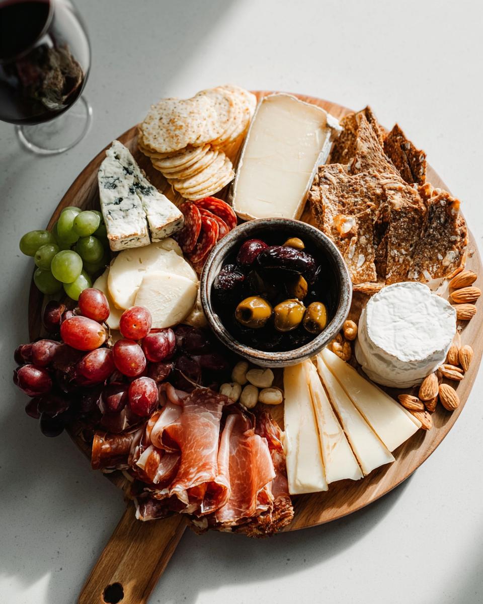 Overhead view of a stunning Cheese Board in 10 Minutes featuring various cheeses, cured meats, grapes, olives, and crackers.