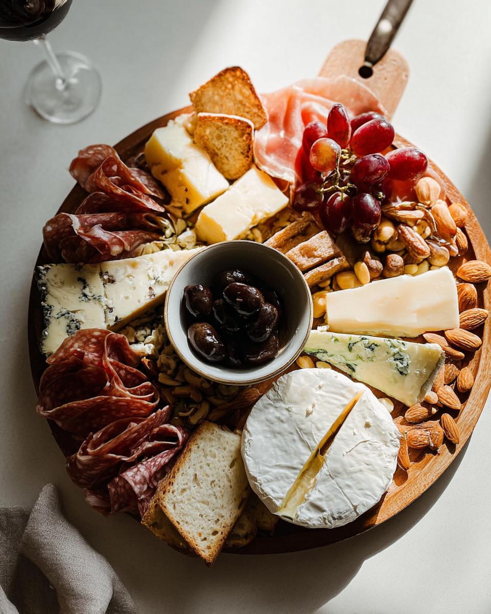 Overhead view of a stunning Cheese Board in 10 Minutes featuring various cheeses, salami, grapes, nuts, and olives.