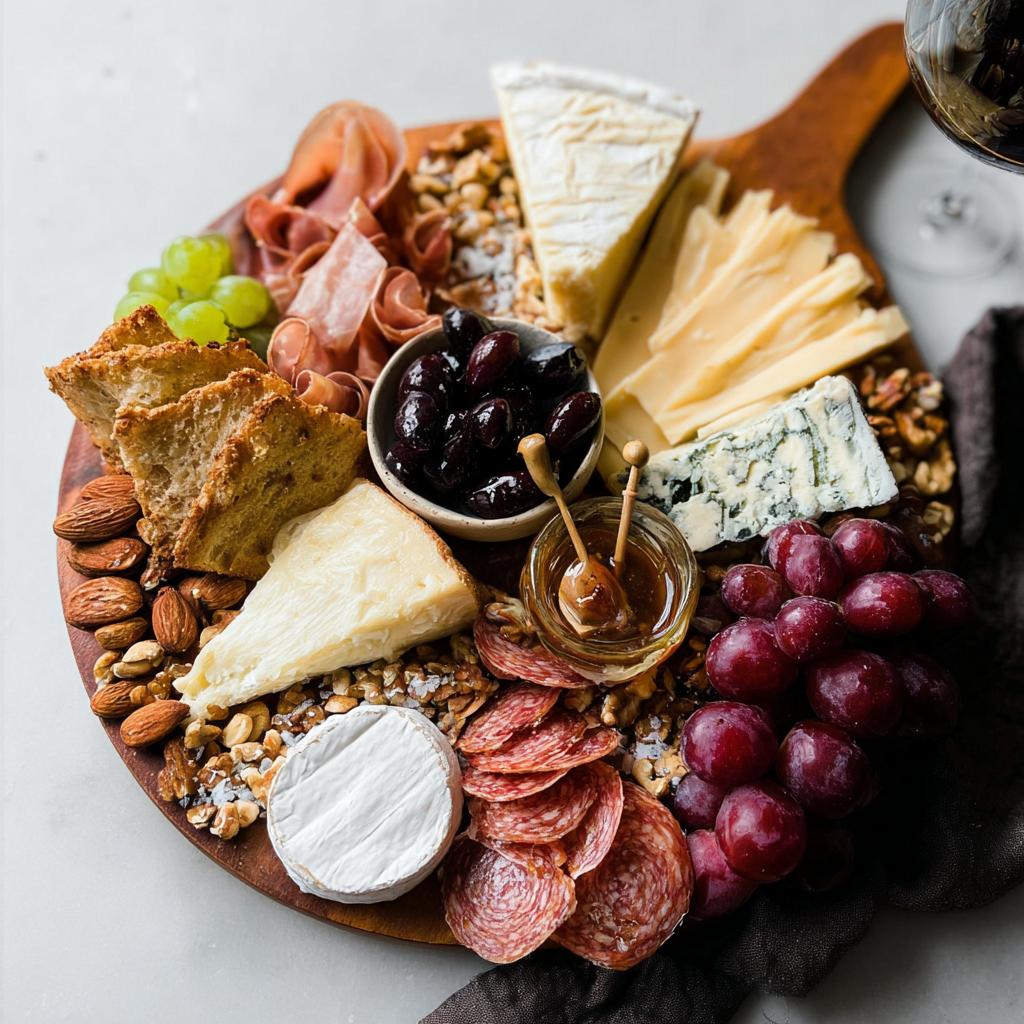 Overhead view of a stunning Cheese Board in 10 Minutes featuring various cheeses, cured meats, nuts, olives, and grapes.