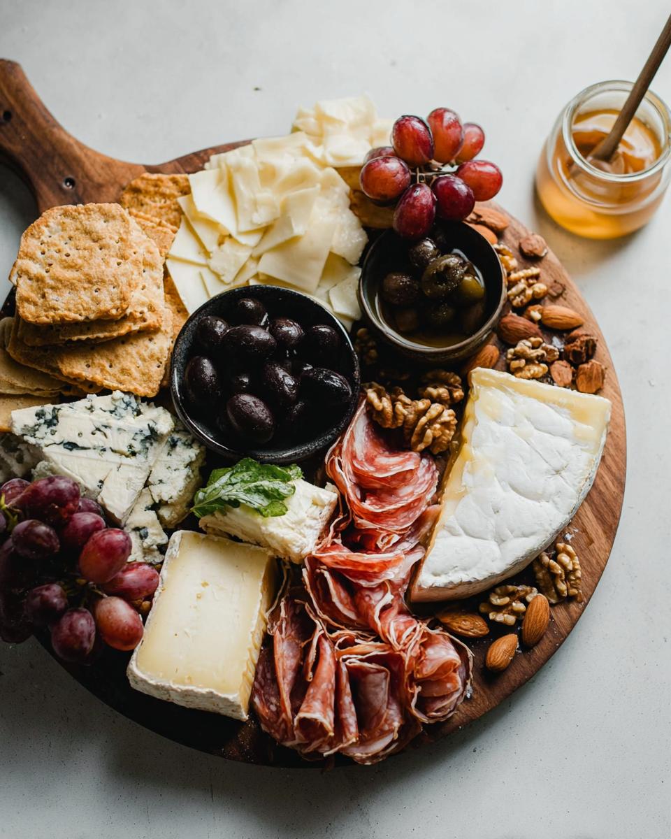 Overhead shot of a stunning Cheese Board in 10 Minutes featuring various cheeses, salami, crackers, grapes, nuts, and olives.