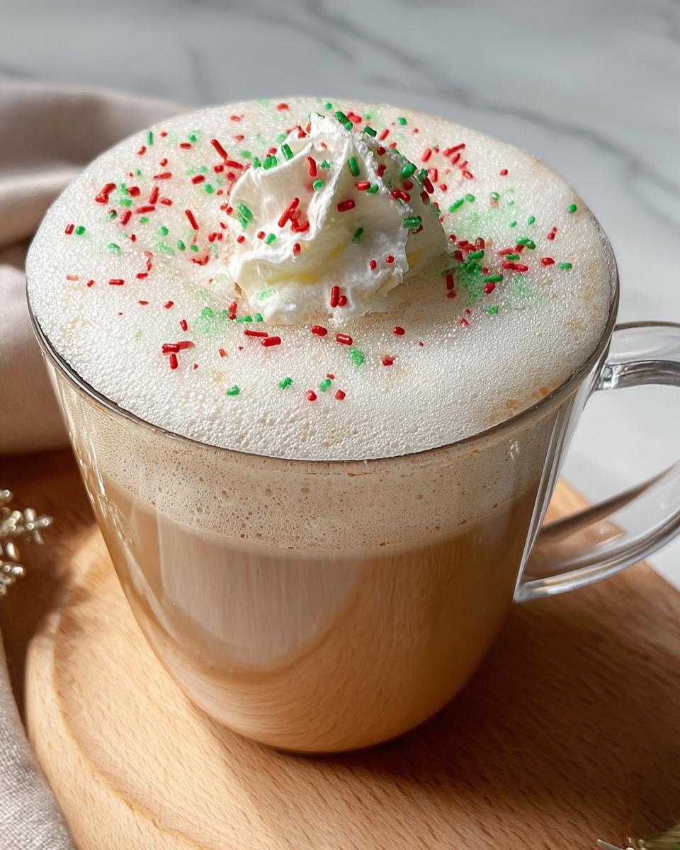 Close-up of a festive Sugar Cookie Latte at Home in a clear mug, topped with foam, whipped cream, and red and green sprinkles.