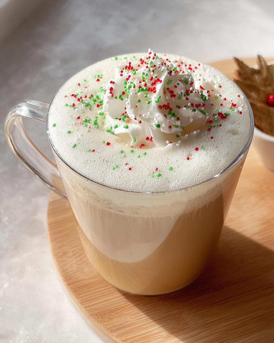 A clear glass mug filled with a Sugar Cookie Latte at Home, topped with whipped cream and red and green holiday sprinkles.