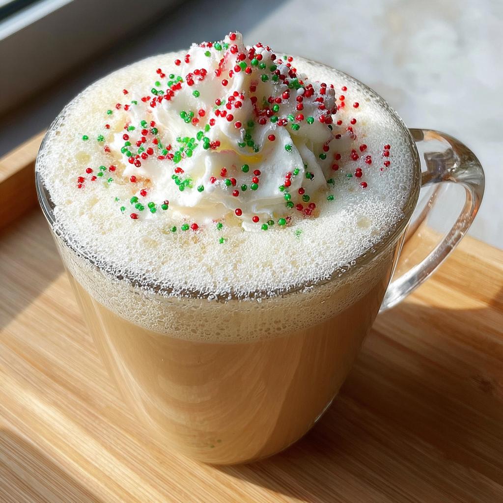 A festive Sugar Cookie Latte at Home in a clear mug, topped with whipped cream and red and green holiday sprinkles.