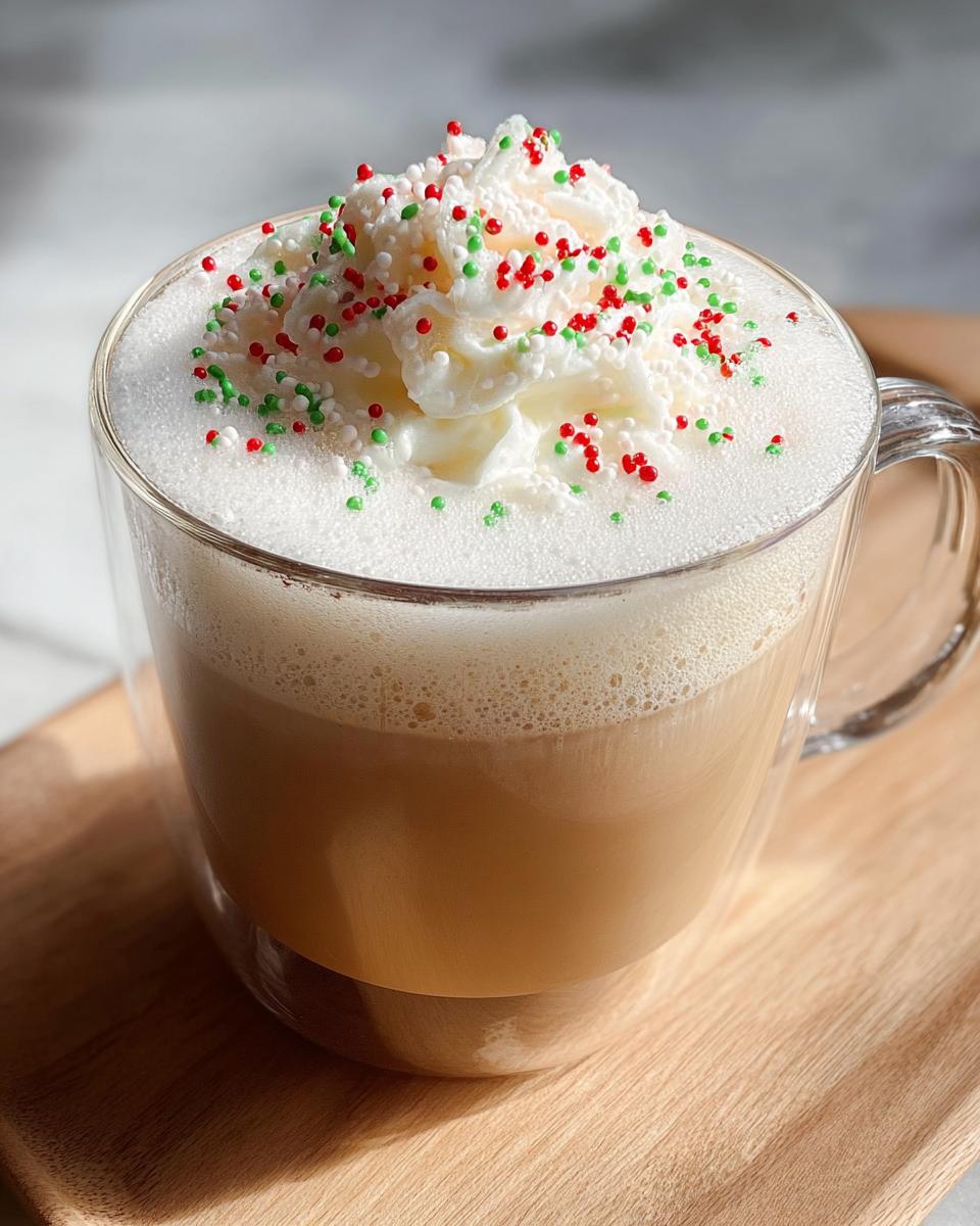 A festive Sugar Cookie Latte at Home topped with whipped cream and red and green sprinkles.