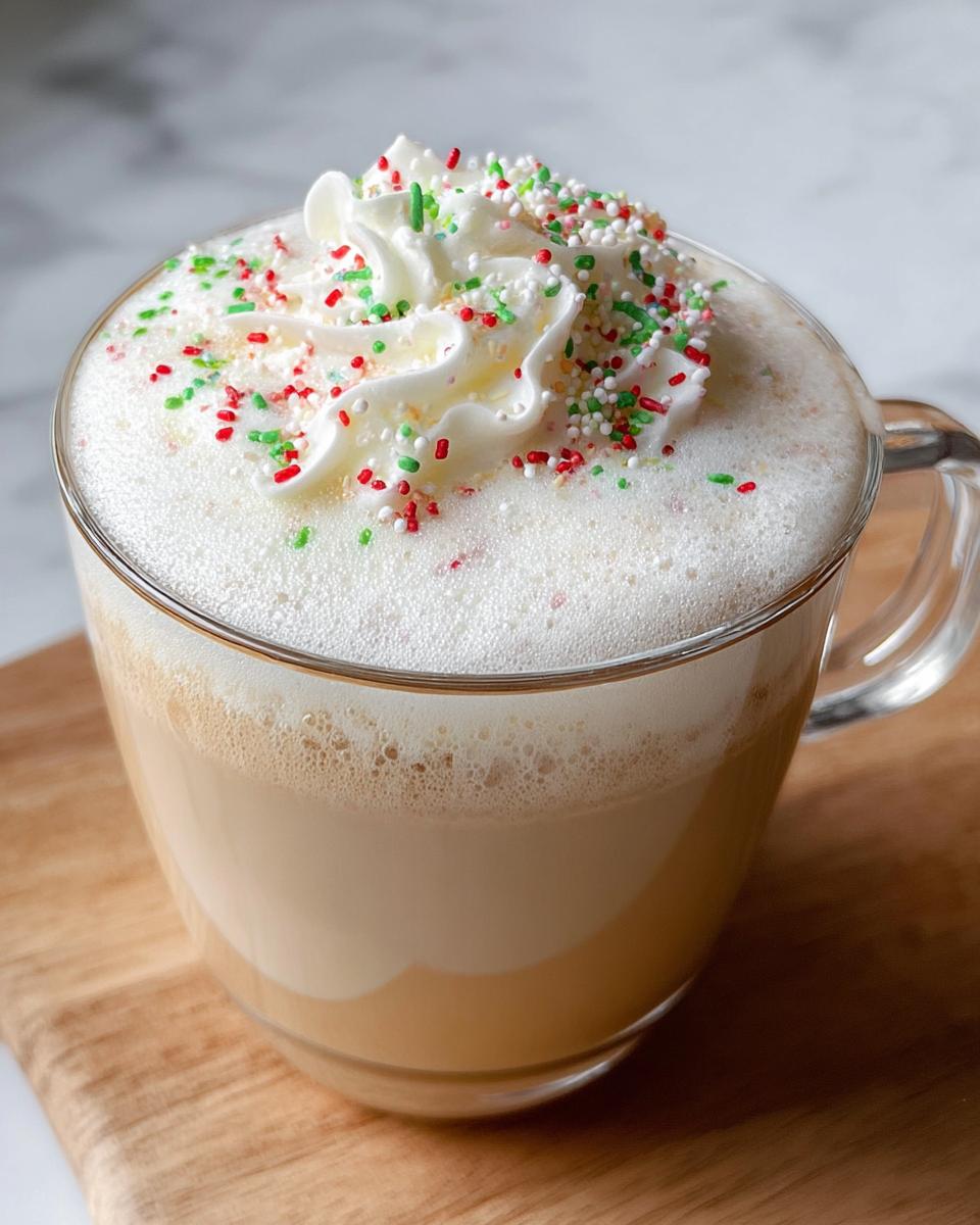 Close-up of a festive Sugar Cookie Latte at Home in a clear mug, topped with whipped cream and red and green holiday sprinkles.