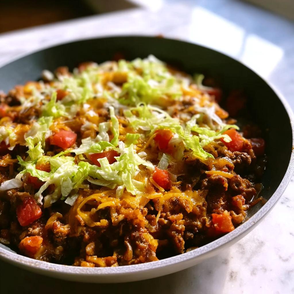 A close-up of the finished Taco Skillet topped with melted cheese, diced tomatoes, and shredded lettuce.