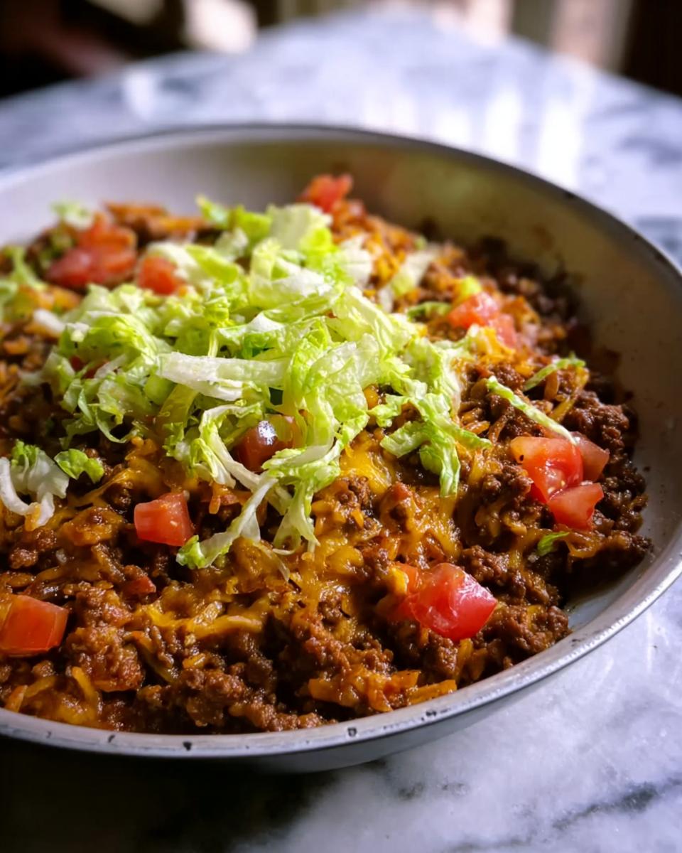 A close-up view of a hearty Taco Skillet made with seasoned ground beef, melted cheese, diced tomatoes, and shredded lettuce.