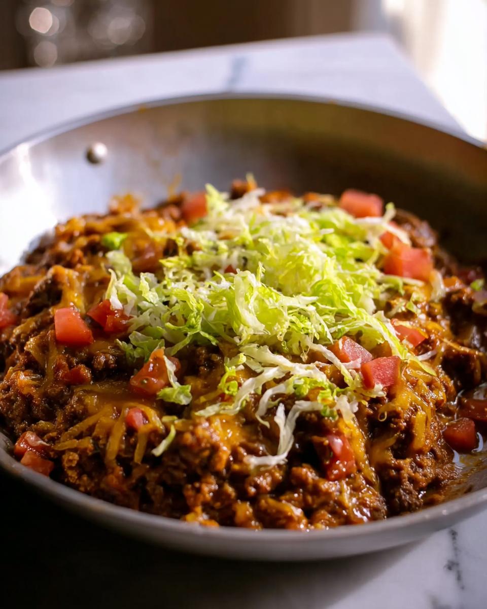 Close-up of a hearty Taco Skillet in a pan, topped with melted cheese, diced tomatoes, and shredded lettuce.