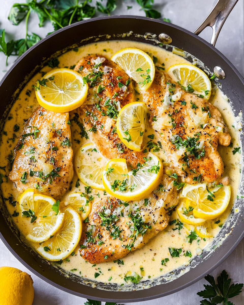 Four golden-brown chicken breasts simmering in a creamy, tangy sauce, garnished with fresh lemon slices and parsley for the Tangy Creamy Lemon Chicken Recipe.