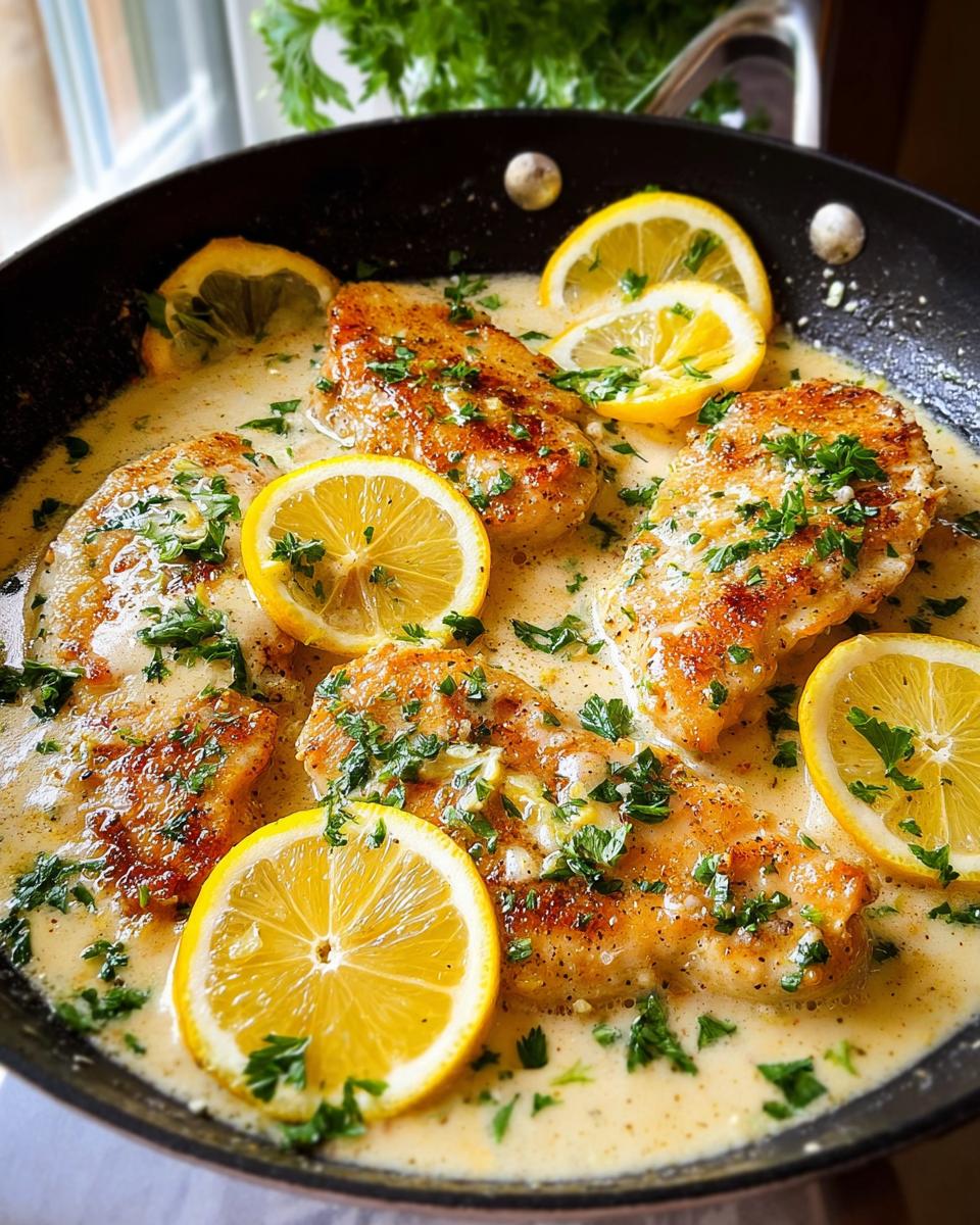 Four golden chicken breasts simmering in a creamy, tangy sauce with lemon slices and fresh parsley for the Tangy Creamy Lemon Chicken Recipe.