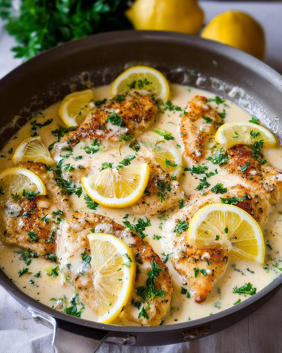 Pan-seared chicken breasts simmering in a tangy creamy lemon sauce, garnished with lemon slices and parsley.