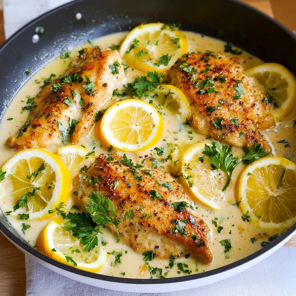 Three golden-brown chicken breasts simmering in a creamy, tangy sauce with fresh lemon slices and parsley.