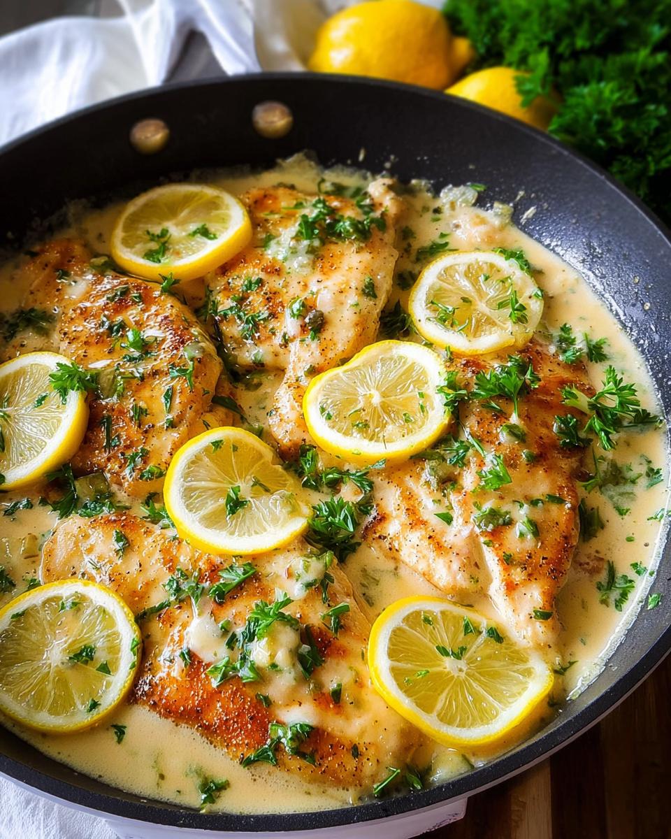 Pan-seared chicken breasts covered in a creamy sauce, garnished with lemon slices and fresh parsley for the Tangy Creamy Lemon Chicken Recipe.