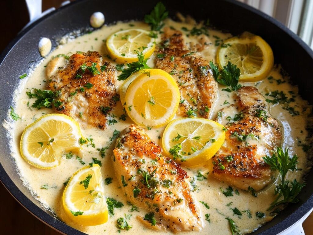 Four seared chicken breasts simmering in a creamy sauce, garnished with fresh lemon slices and parsley for the Tangy Creamy Lemon Chicken Recipe.