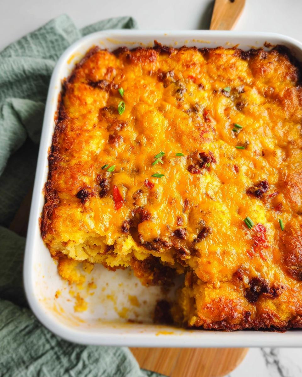 A baked Tater Tot Breakfast Casserole with a golden, melted cheese topping served in a white baking dish.