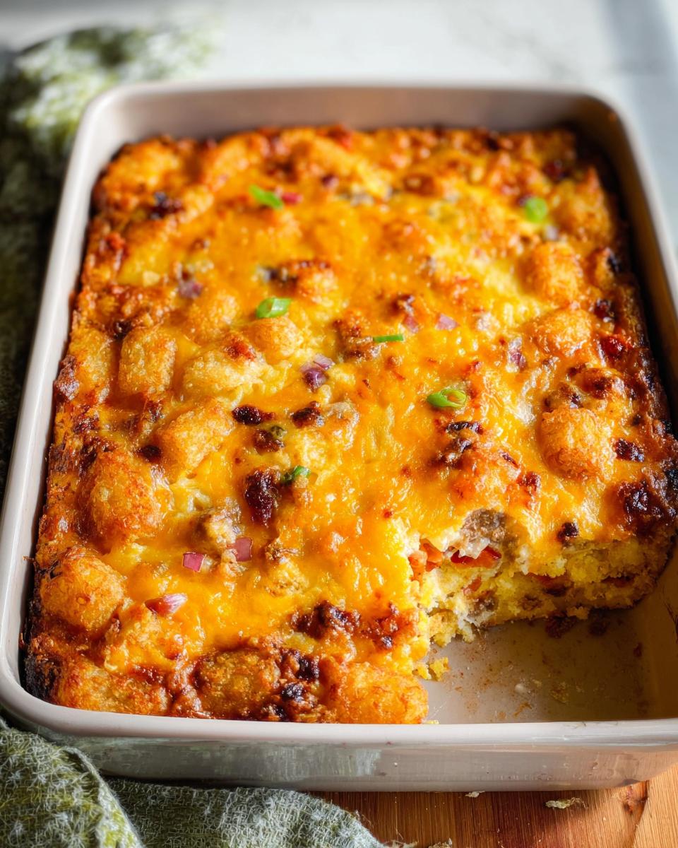 A golden-brown Tater Tot Breakfast Casserole with melted cheddar cheese and a serving removed.