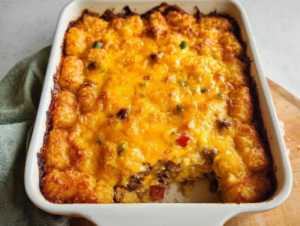 A baked Tater Tot Breakfast Casserole with a crispy top layer of tater tots and melted cheddar cheese.