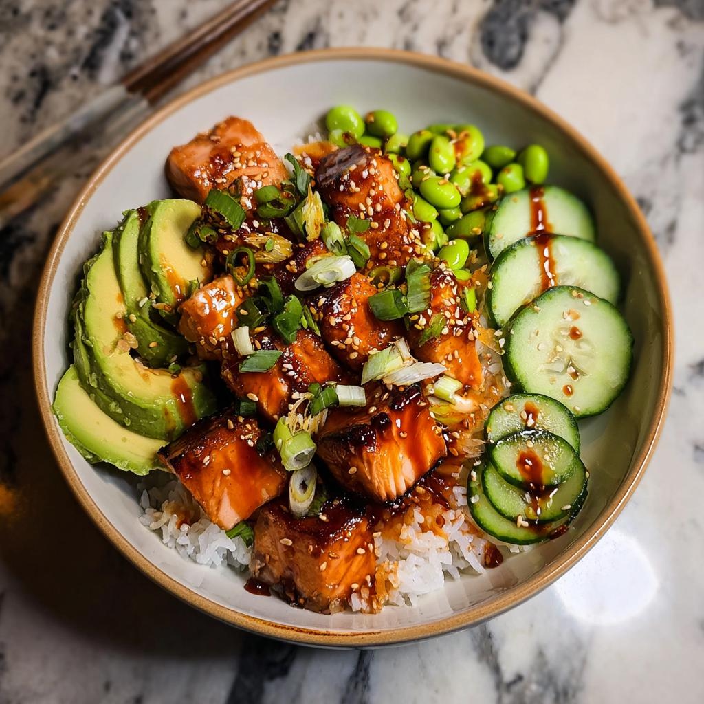 A close-up of a Teriyaki Salmon Bowls featuring glazed salmon chunks over rice, with sliced avocado, cucumbers, and edamame.