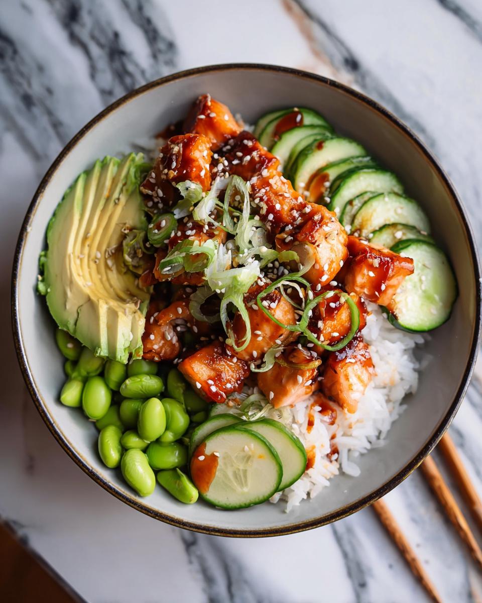 Overhead view of a Teriyaki Salmon Bowls featuring glazed salmon chunks over rice, topped with avocado, edamame, and sliced cucumber.
