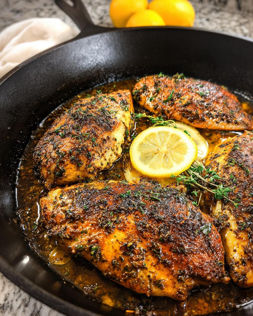 Four juicy chicken breasts cooked in a cast-iron skillet with lemon slices and herbs, part of a Texas Roadhouse Butter Chicken Skillet recipe.