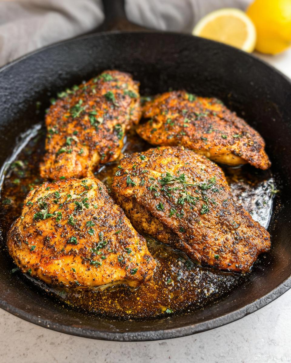 Four juicy chicken breasts seasoned and cooked in a cast iron skillet for Texas Roadhouse Butter Chicken Skillet.