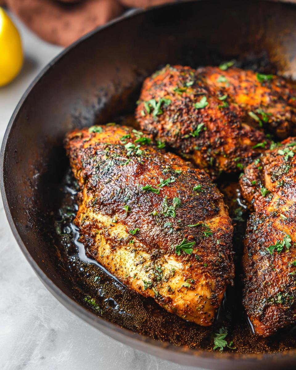 Close-up of juicy, seasoned chicken breasts cooking in a skillet, garnished with parsley. Texas Roadhouse Butter Chicken Skillet.