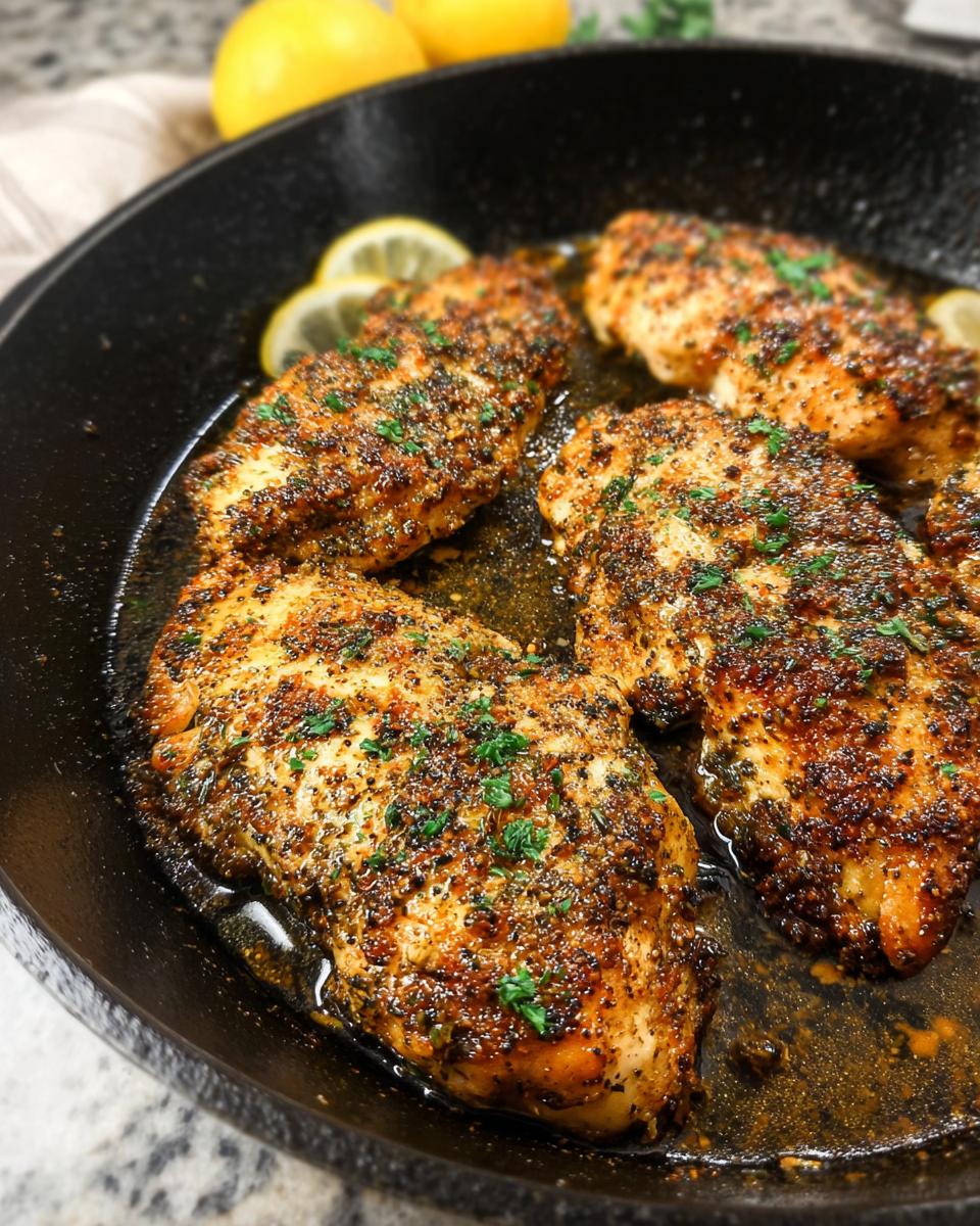 Close-up of seasoned chicken breasts cooking in a cast-iron skillet, part of a Texas Roadhouse Butter Chicken Skillet recipe.