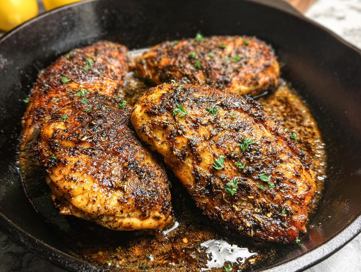 Four juicy chicken breasts seasoned and cooked in a cast iron skillet for Texas Roadhouse Butter Chicken Skillet.