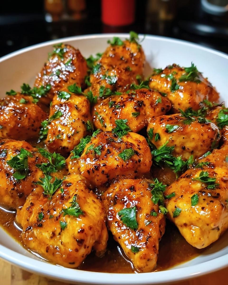 Close-up of glistening, glazed chicken pieces covered in sauce and fresh parsley, ready for the Texas Roadhouse Butter Chicken Skillet.