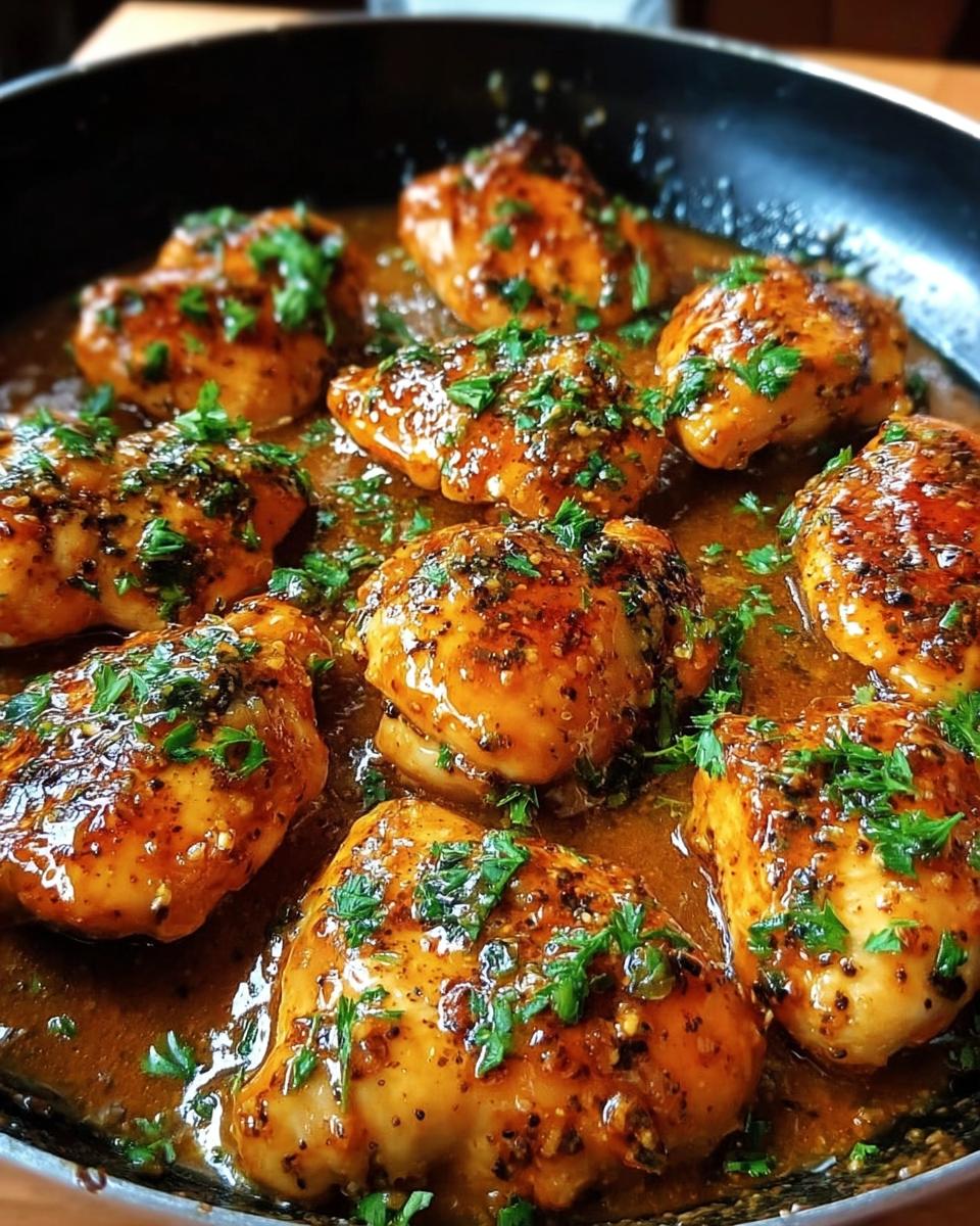 Close-up of juicy chicken pieces coated in a rich, glossy sauce, garnished with fresh parsley, ready for the Texas Roadhouse Butter Chicken Skillet.