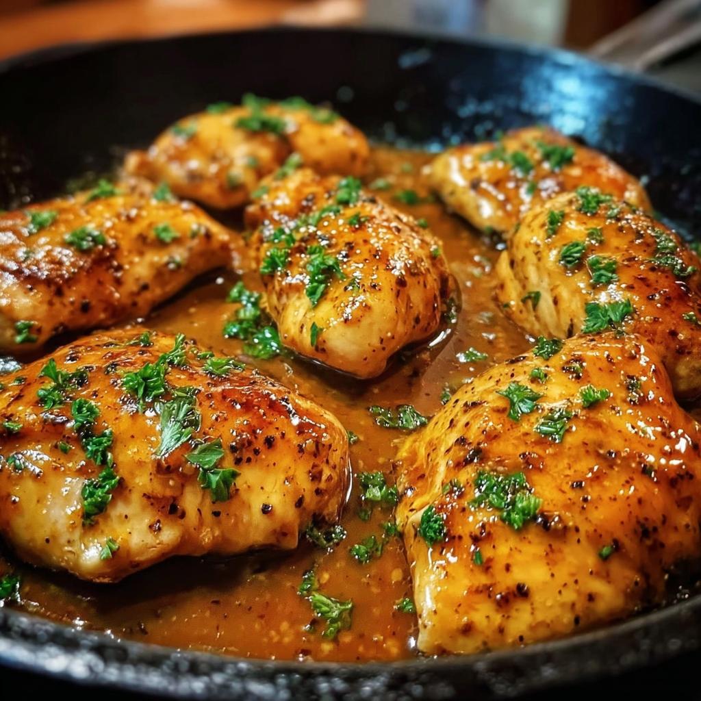 Close-up of juicy chicken breasts simmering in a rich sauce, garnished with parsley, ready for the Texas Roadhouse Butter Chicken Skillet.