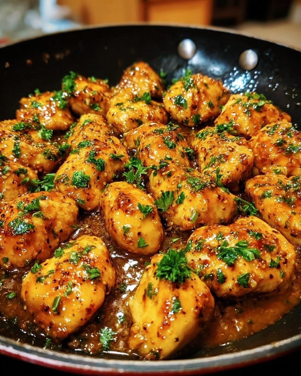 Close-up of tender chicken pieces coated in a rich, glossy sauce in a skillet, representing the Texas Roadhouse Butter Chicken Skillet.
