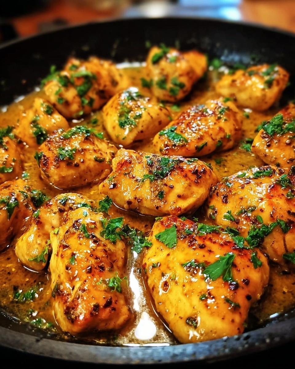 Close-up of seared chicken pieces simmering in a rich, buttery sauce, garnished with fresh parsley for the Texas Roadhouse Butter Chicken Skillet.