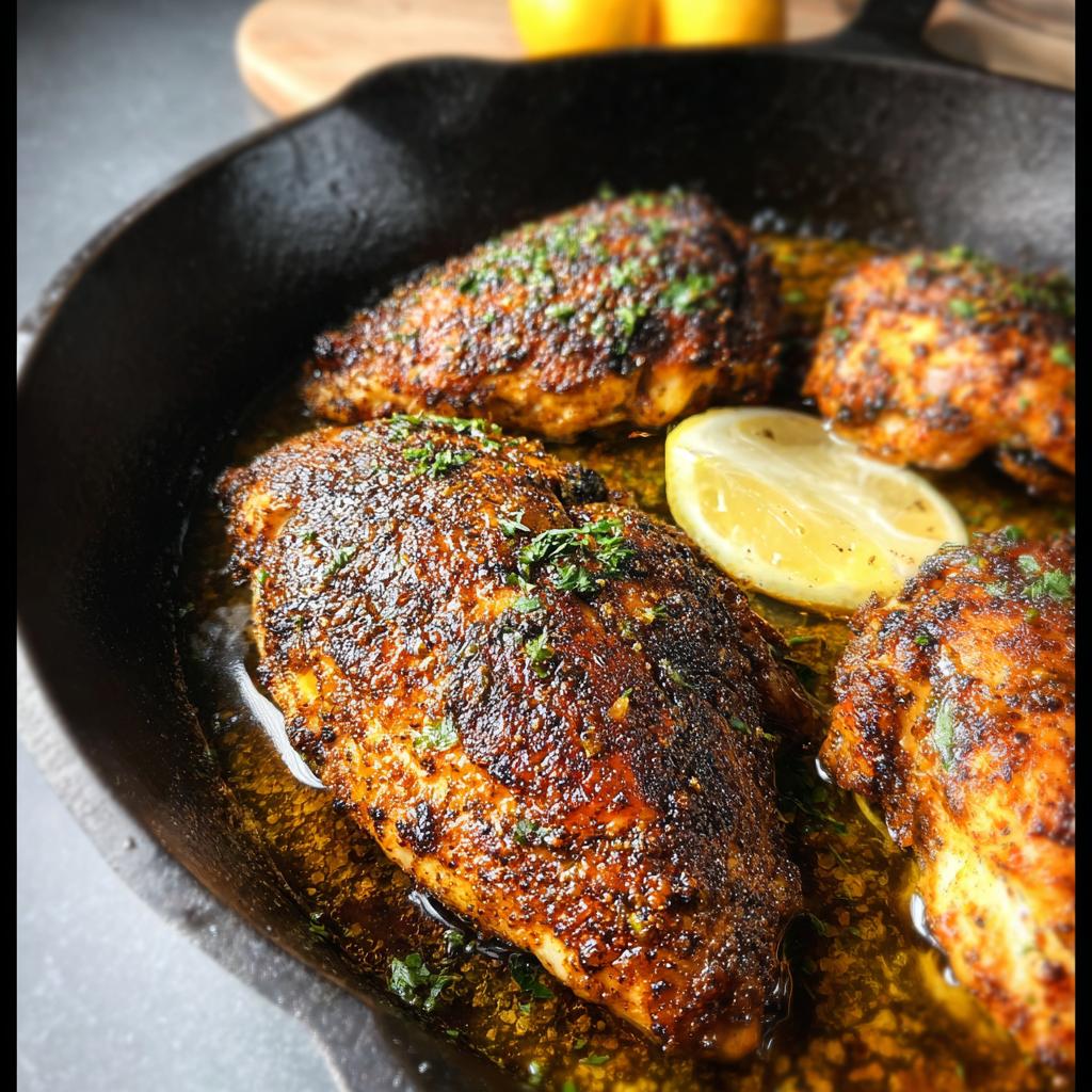 Close-up of Texas Roadhouse Butter Chicken Skillet in a cast iron pan with lemon wedges and herbs.