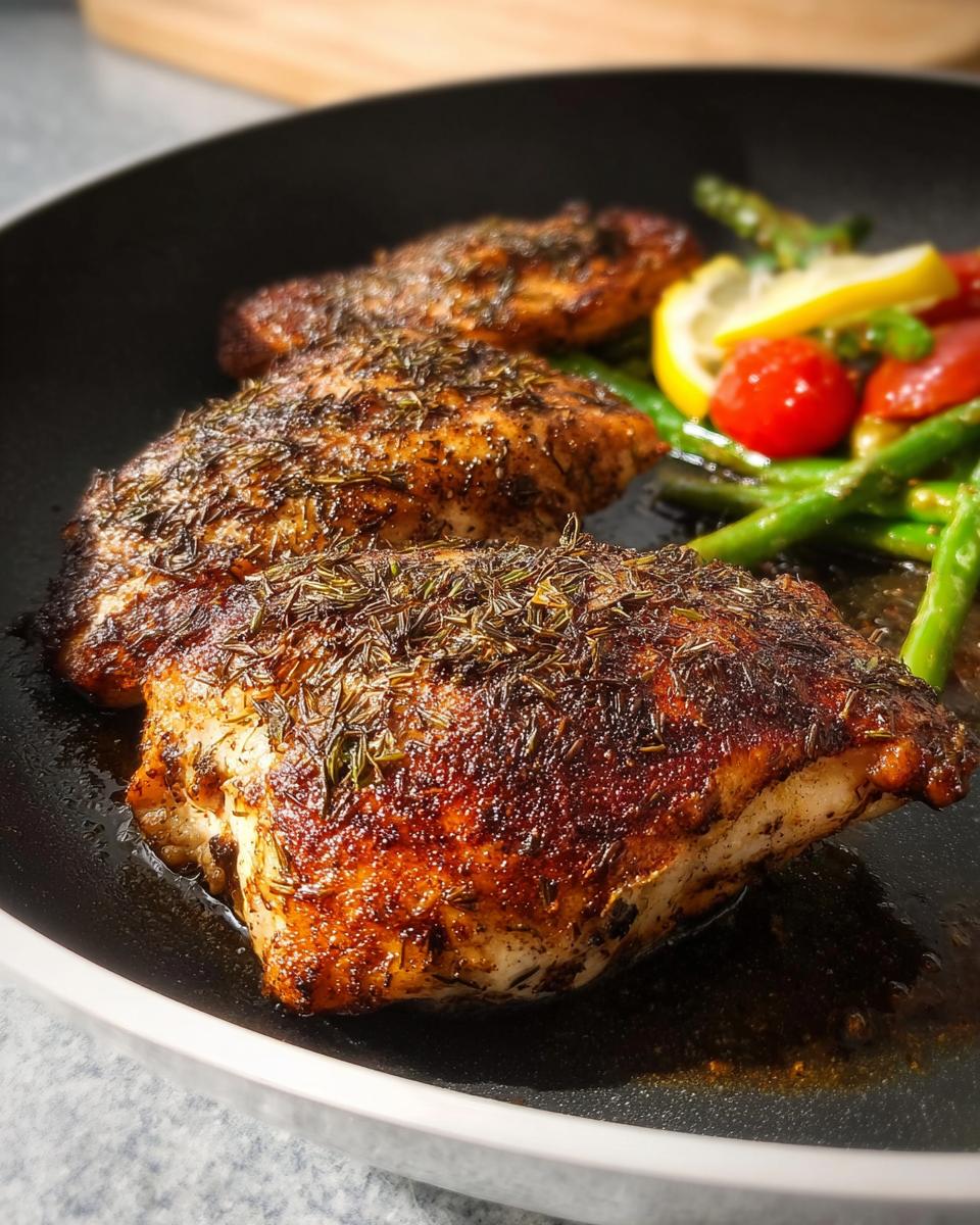 Close-up of seasoned, pan-seared chicken breasts, resembling Texas Roadhouse Chicken at Home, served with green beans and tomatoes.