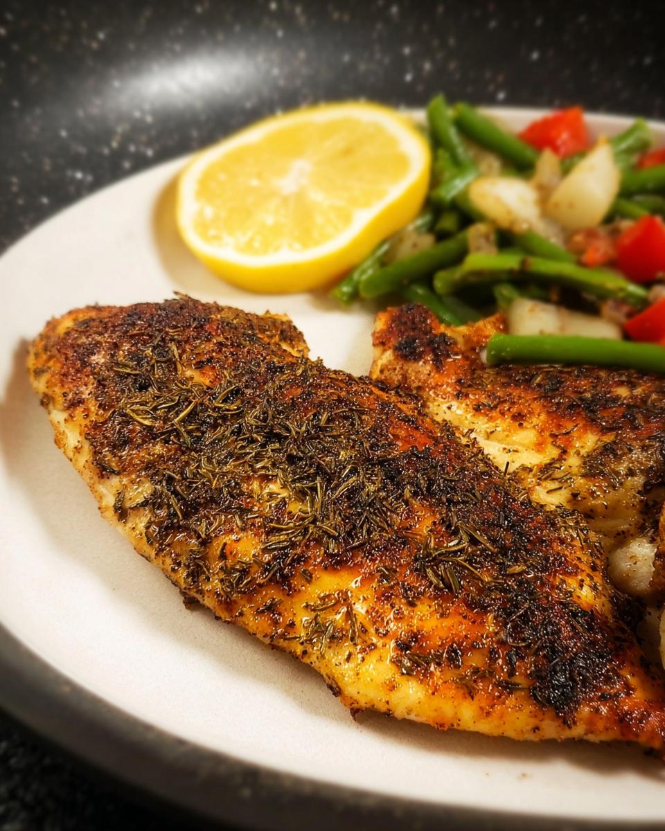 Close-up of perfectly seasoned and seared chicken breast, served with green beans and a lemon wedge for How to Make the Best Texas Roadhouse Chicken at Home.