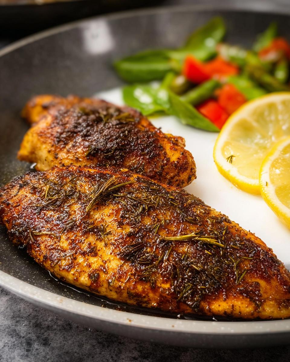 Two seasoned chicken breasts seasoned with herbs, served with lemon slices, ready to eat, demonstrating How to Make the Best Texas Roadhouse Chicken at Home.