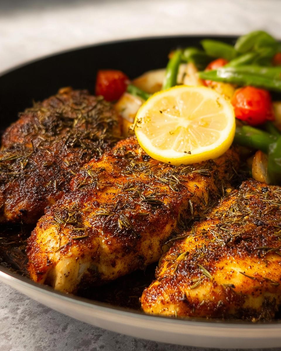 Three seasoned chicken breasts, heavily coated in herbs, served with roasted vegetables and a lemon slice, mimicking Texas Roadhouse Chicken.