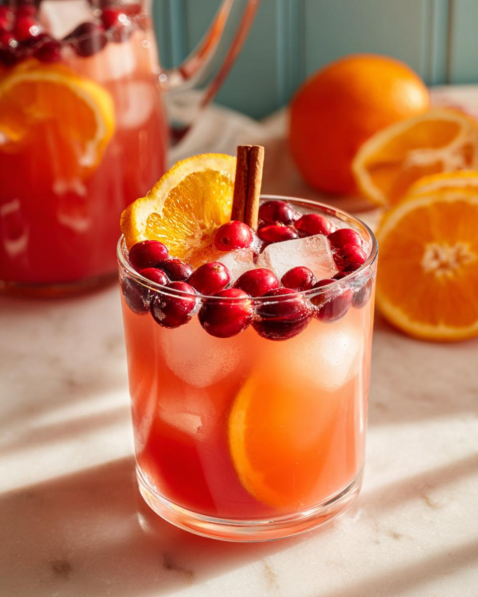 A refreshing cranberry orange Thanksgiving drink with ice, cranberries, orange slices, and a cinnamon stick.