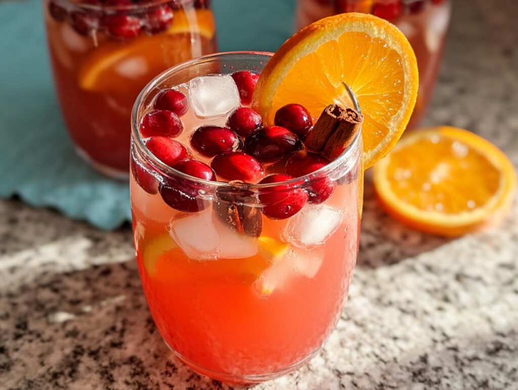 A refreshing cranberry orange Thanksgiving drink with ice, cranberries, cinnamon sticks, and an orange slice.