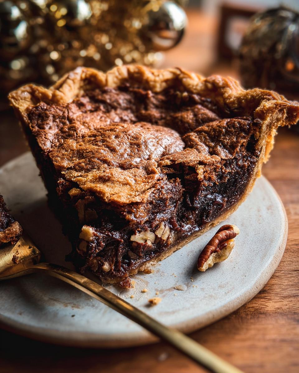 A slice of rich chocolate pecan pie, showcasing its gooey filling and flaky crust, perfect for Thanksgiving desserts.