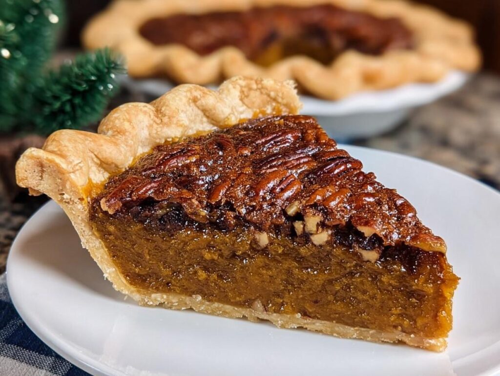 A delicious slice of pecan pie, a perfect Thanksgiving dessert, on a white plate.
