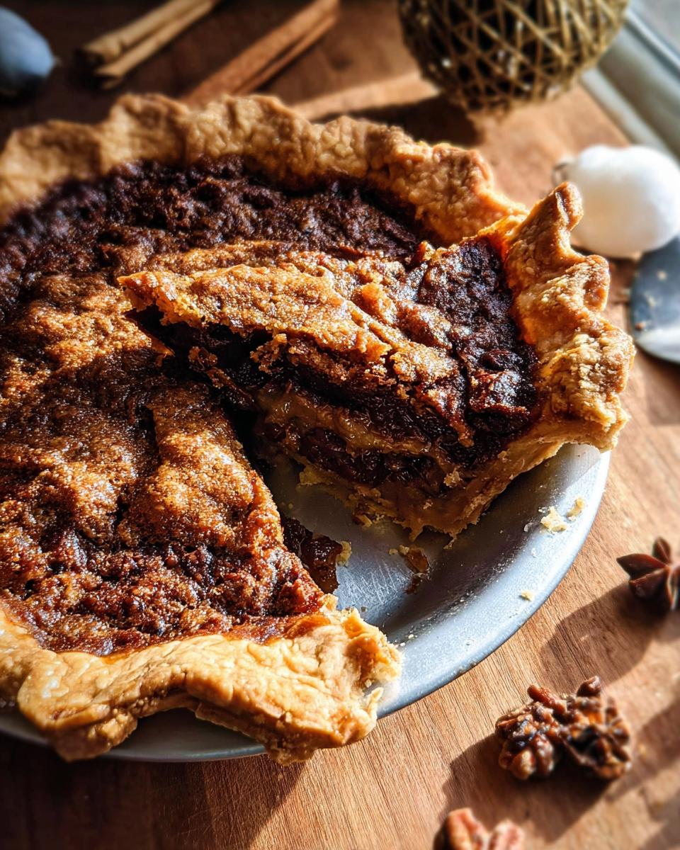 A slice of a rich, gooey pecan pie, perfect for Thanksgiving desserts, with a flaky crust.