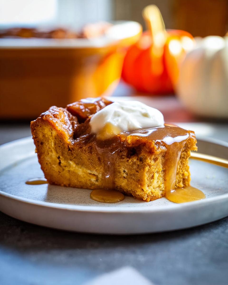 A slice of pumpkin bread pudding with caramel sauce and whipped cream, a perfect Thanksgiving dessert.