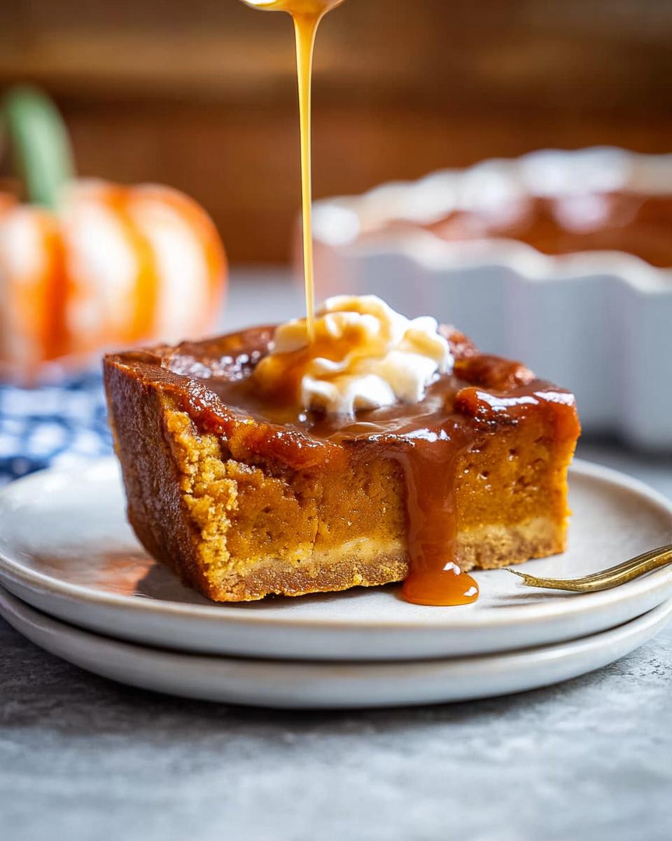 A slice of pumpkin pie, part of the best Thanksgiving desserts, with caramel sauce being drizzled over whipped cream.