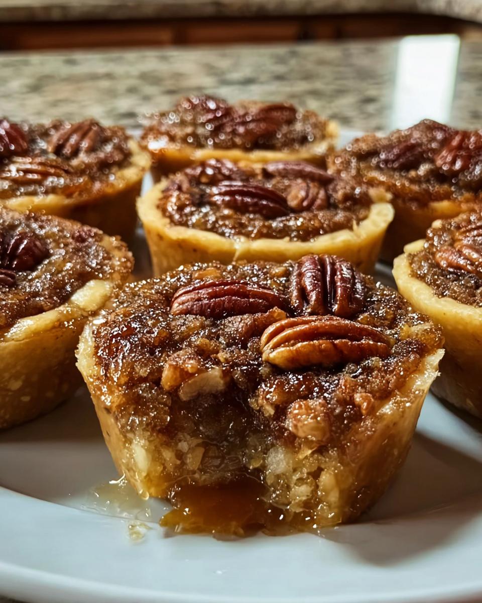 Close-up of mini pecan pies, a perfect Thanksgiving dessert, with gooey filling and pecans.