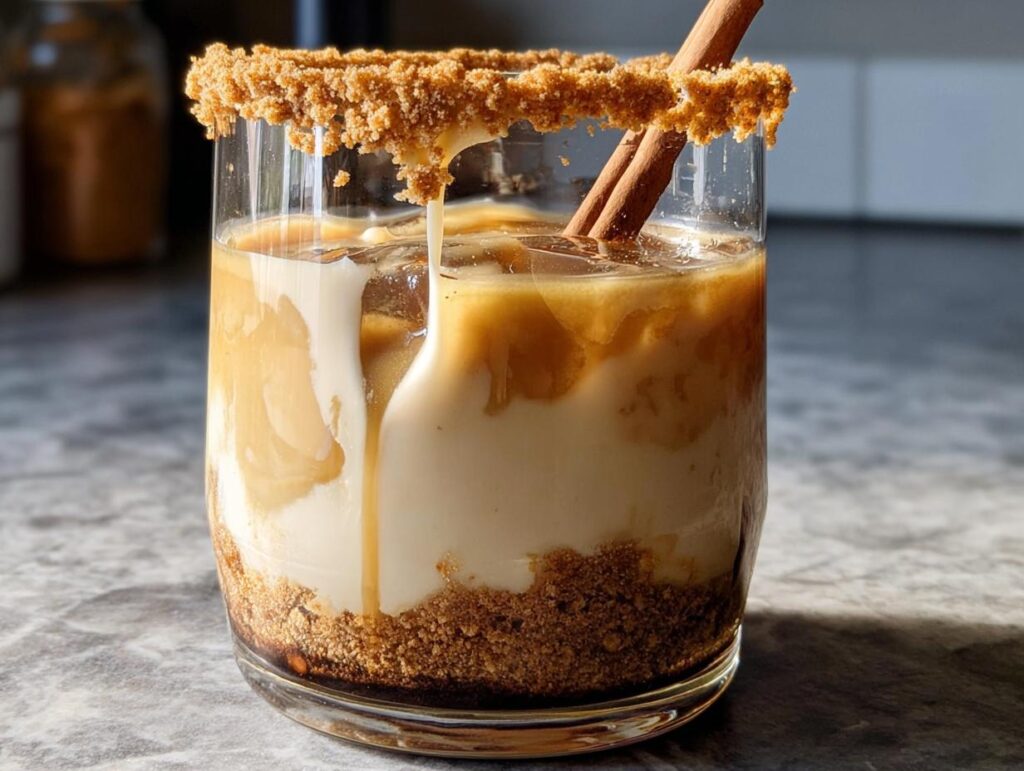 A layered Thanksgiving drink with a graham cracker rim, caramel drizzle, cinnamon sticks, and cream.