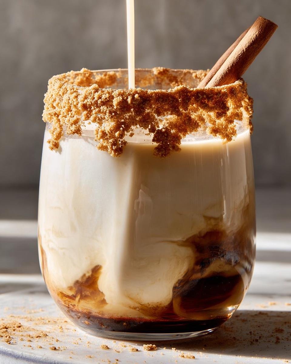 A creamy Thanksgiving drink being poured into a glass rimmed with brown sugar, garnished with a cinnamon stick.