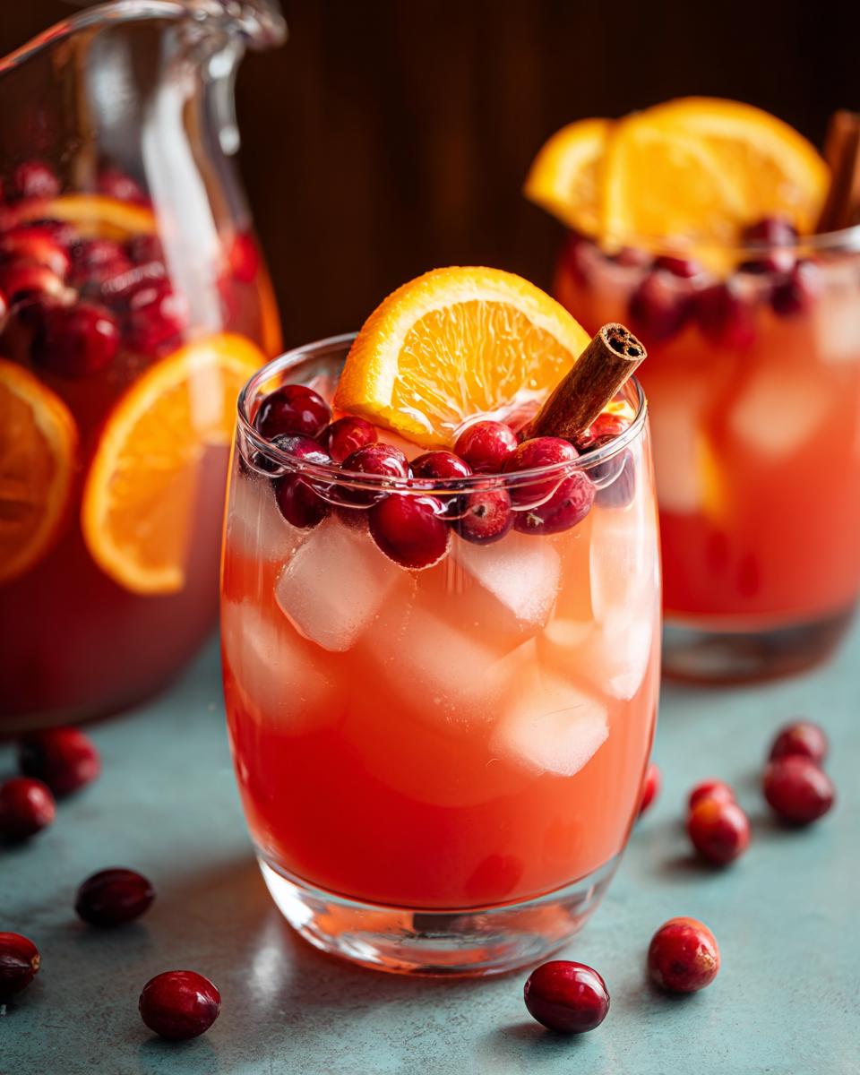 A refreshing cranberry orange Thanksgiving drink with ice, garnished with fresh cranberries, an orange slice, and a cinnamon stick.
