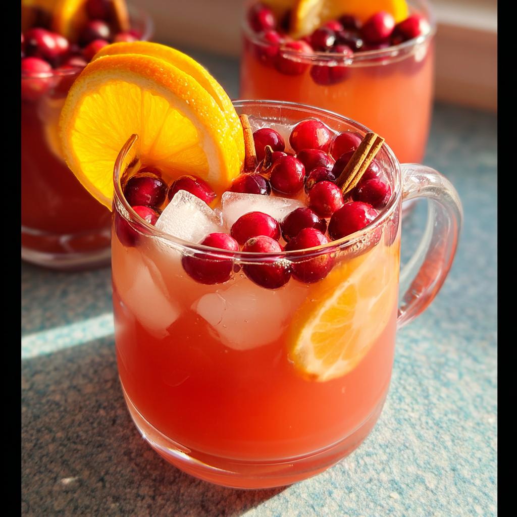 A refreshing Thanksgiving drink with cranberries, orange slices, ice, and a cinnamon stick.